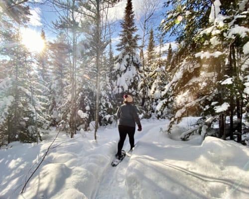 Martha snowshoeing on the Honeymoon Bluff loop