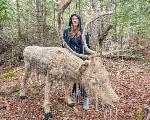 Corrie Steckelberg with her woodland caribou "Once and Future" art installation